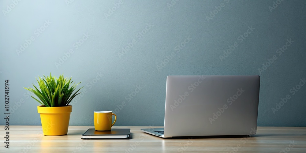 Obraz premium Minimalist Laptop Workspace: Clean Grey Desk, Simple Setup, Productivity Background, Modern Office, Tech Aesthetic