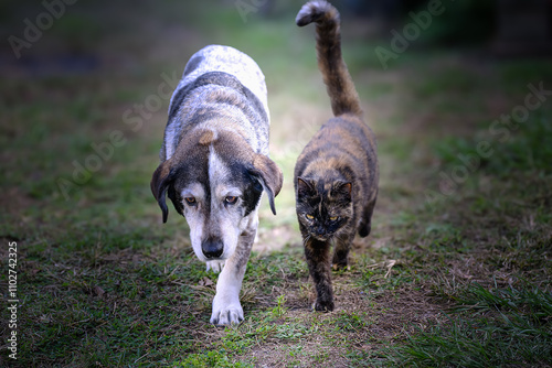 A heartwarming scene of a dog and cat walking side by side on lush green grass, showcasing the beauty of unexpected friendship.