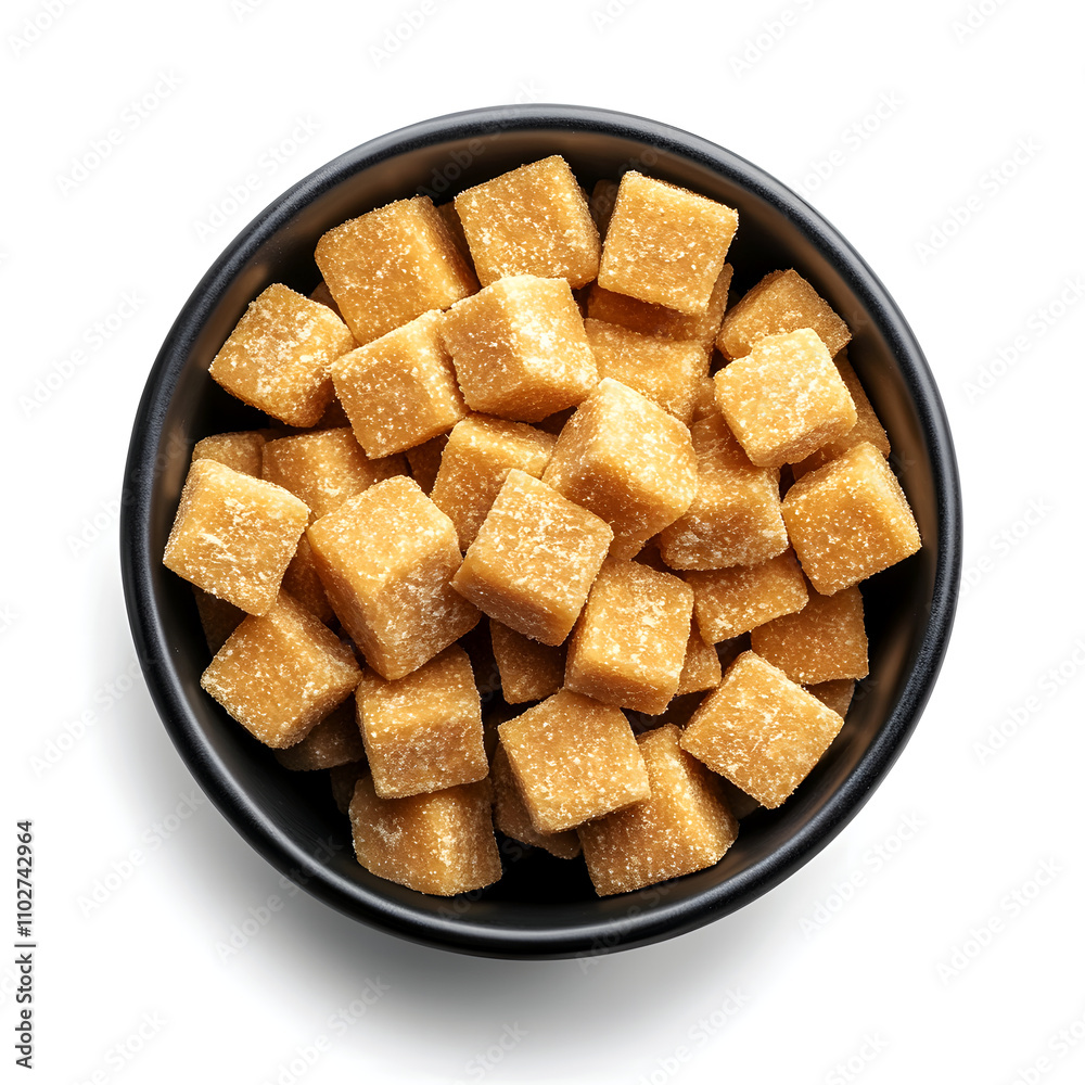 Overhead view of a black bowl filled with light brown sugar cubes. The sugar cubes are glistening, and the bowl is set against a stark white background.