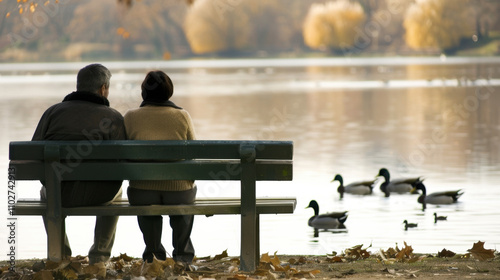 Happy middle-aged couple sitting on a park bench, smiling and enjoying the serene lake view with ducks swimming, symbolizing life satisfaction and contentment.