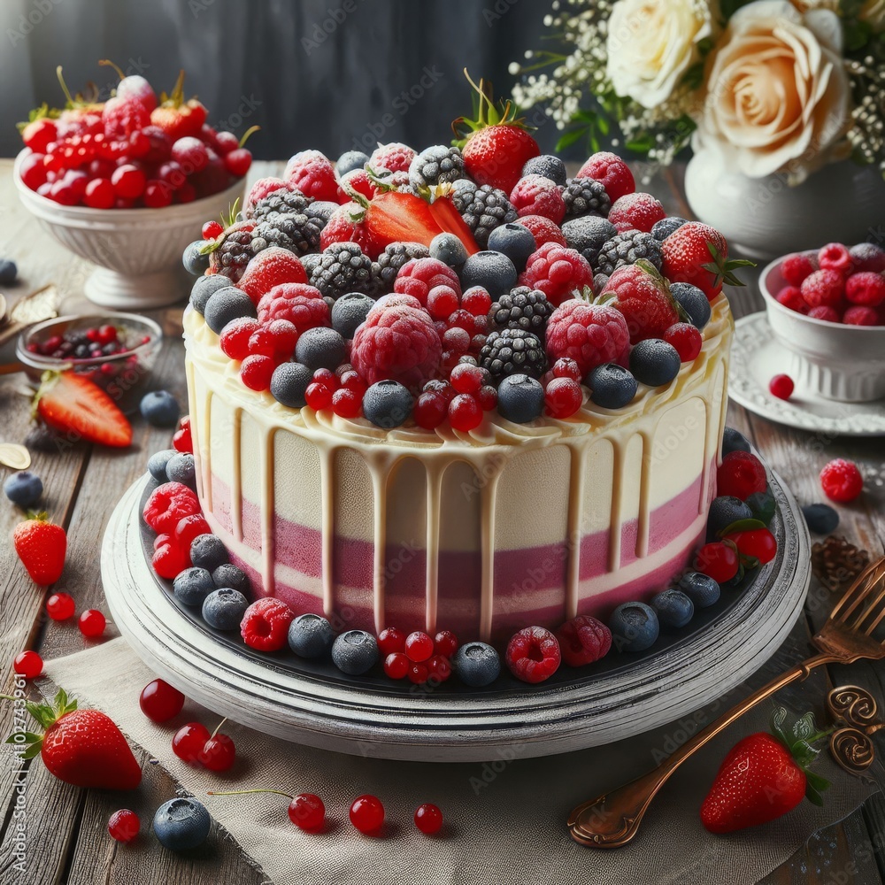Beautiful cake with berries and cream on a festive table Beautiful cake with berries and cream on a festive table
