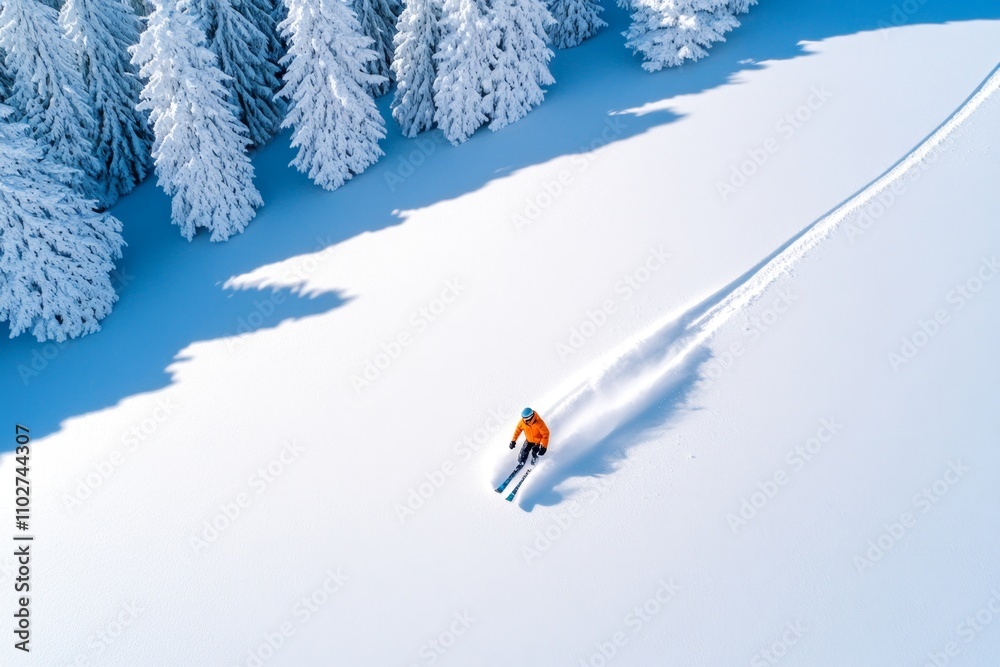 A skier gliding down the slopes of Bjelasnica, surrounded by fresh powder snow and towering pines A skier gliding down the slopes of Bjelasnica, surrounded by fresh powder snow and towering pines