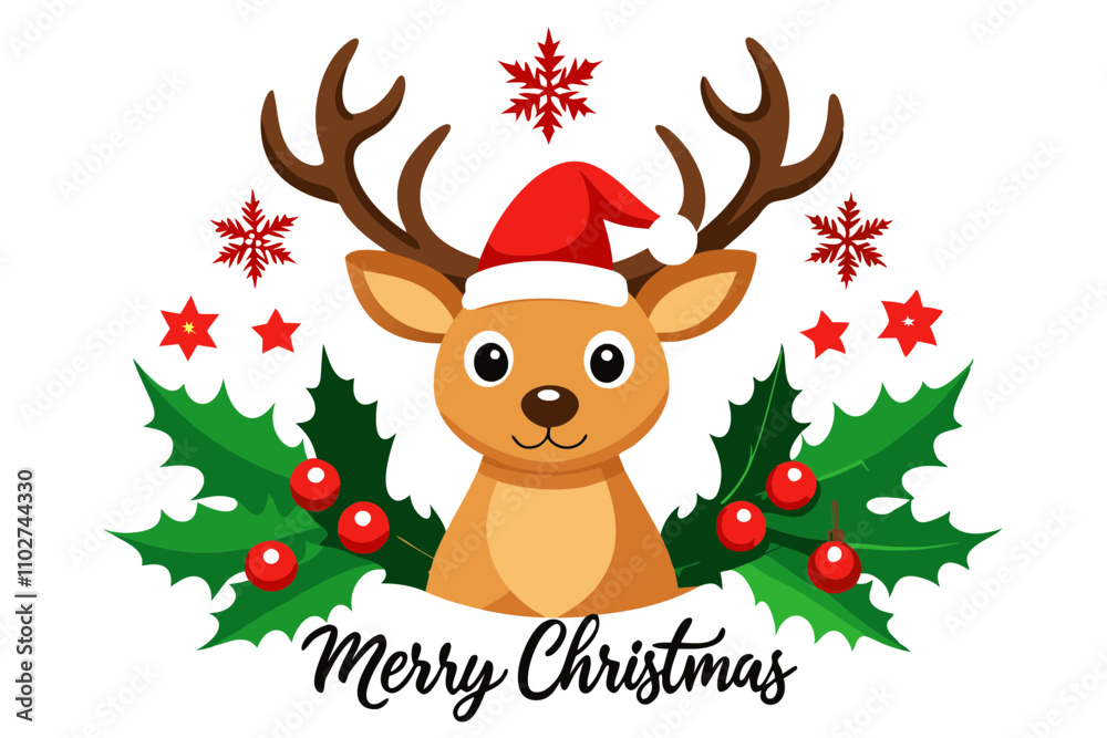 Cheerful Reindeer Illustration with Santa Hat and Festive 'Merry Christmas' Script Cheerful Reindeer Illustration with Santa Hat and Festive 'Merry Christmas' Script
