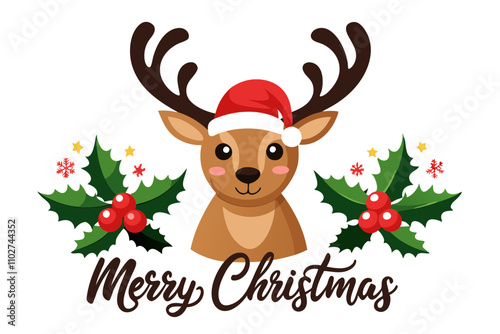 Cheerful Reindeer Illustration with Santa Hat and Festive 'Merry Christmas' Script