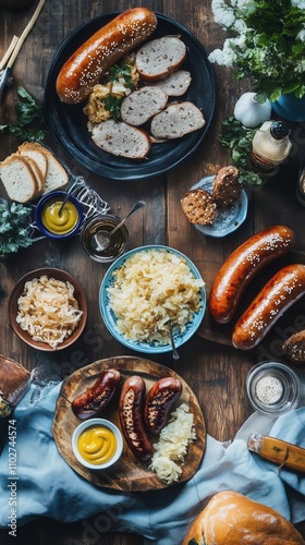 Bavarian Oktoberfest celebration:  A spread of bratwurst, sauerkraut, and mustard, styled with cheerful festival decor in Bavarian blue tones photo