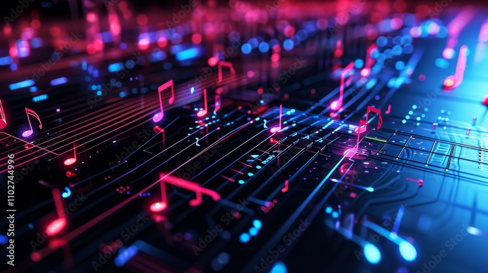 Obraz premium Neon pink and blue music notes floating above a digital soundwaves background. This abstract, tech-driven design combines elements of music and digital circuitry, creating a vibrant visual. AI