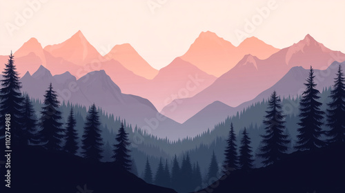 Mountain landscape at dusk with silhouetted trees and soft pastel sky colors