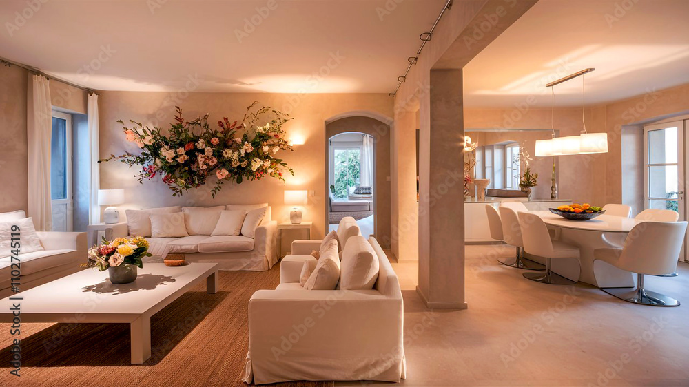 Fototapeta premium Open and inviting living room with an oversized sectional a statement coffee table and layered textures.