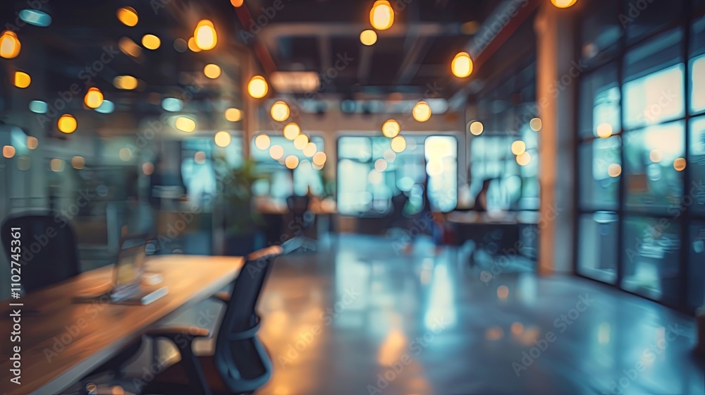 Blurred Image of a Modern, Brightly Lit Office Space with Warm Lighting Blurred Image of a Modern, Brightly Lit Office Space with Warm Lighting