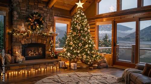 Majestic Christmas Tree in a Rustic Log Cabin with Mountain View