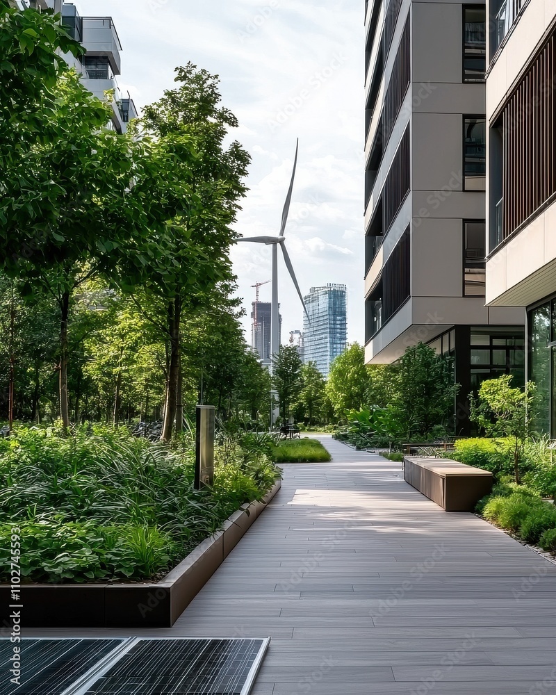 Naklejka premium A serene urban pathway lined with lush greenery and modern architecture, featuring a wind turbine in the background.