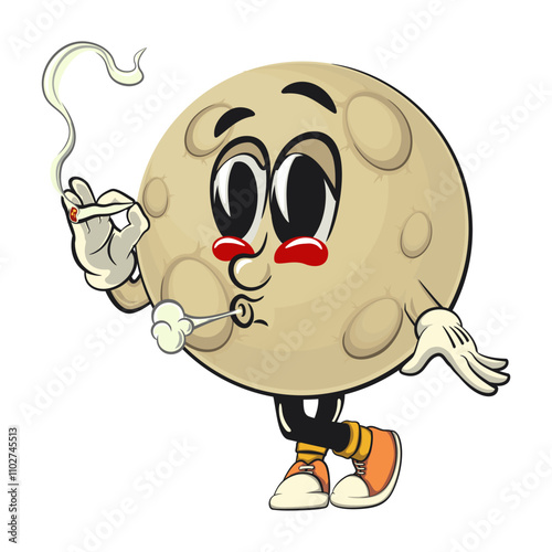 Moon mascot character illustration smoke calmly, cartoon mascot isolated, work of hand drawn
