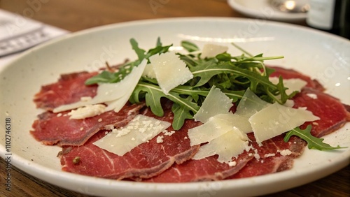 Thinly sliced raw beef on a plate topped with shaved parmesan cheese and arugula, gourmet dish, arugula, raw steak, beef carpaccio