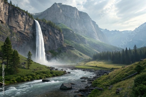 Towering mountain peaks in the distance behind a waterfall, evergreen, mountain peak, , coniferous