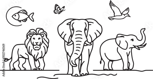 Black and white illustration of an elephant standing gracefully with simple floral accents ideal for wildlife safari or nature themed designs