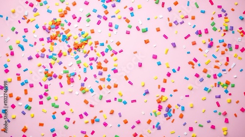 Vibrant colorful party confetti scattered on a pastel pink background, celebratory scene, fun and games