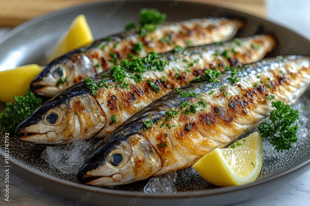 Fresh mackerel on ice with lemon wedges and parsley garnish for culinary inspiration Fresh mackerel on ice with lemon wedges and parsley garnish for culinary inspiration