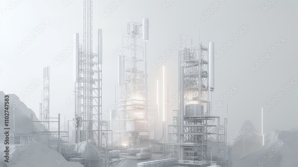 Industrial towers with glowing lights rise from a minimalist mountain landscape, blending advanced technology with serene nature in a futuristic concept. AI generated. Industrial towers with glowing lights rise from a minimalist mountain landscape, blending advanced technology with serene nature in a futuristic concept. AI generated.