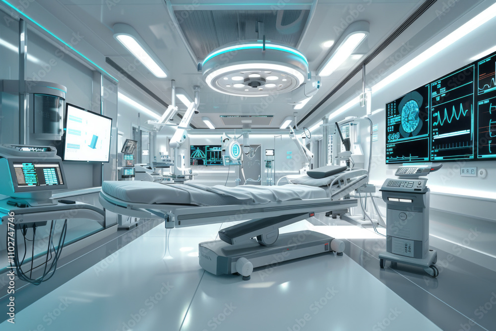 Medical technology hospital setting showcasing use computer technologies for treatment. Concept Hospital Technologies Medical technology hospital setting showcasing use computer technologies for treatment. Concept Hospital Technologies