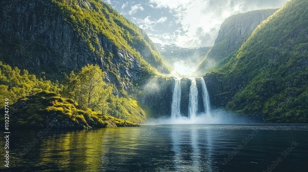 Fototapeta premium Picturesque waterfall in Norway, with rugged terrain and lush surroundings