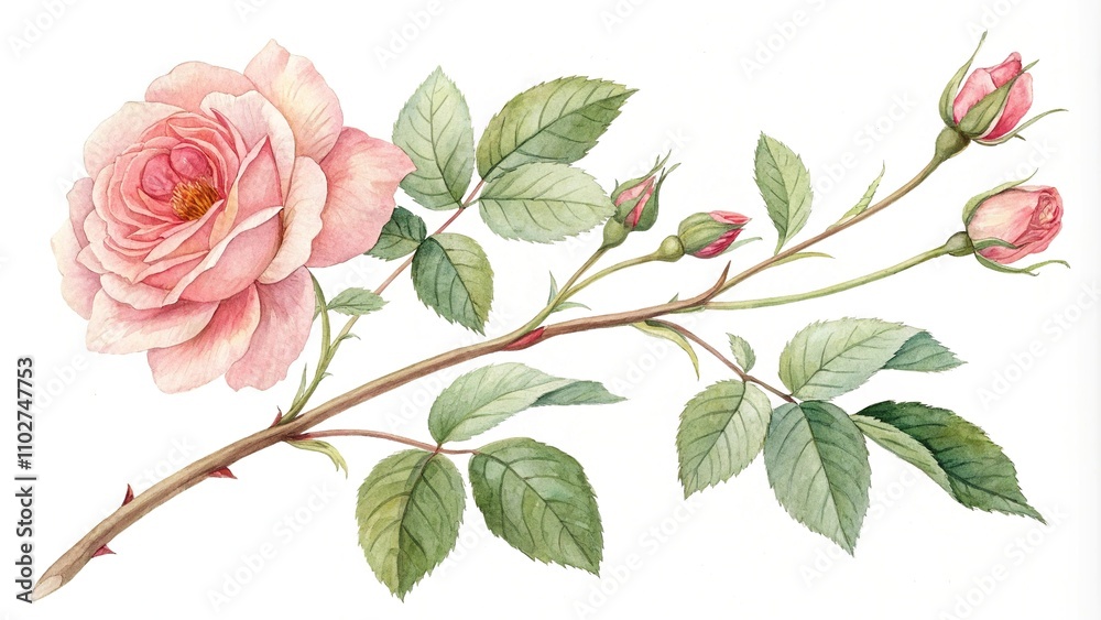 Watercolor depiction of a rose branch with delicate petals and leaves, watercolor painting, floral motifs Watercolor depiction of a rose branch with delicate petals and leaves, watercolor painting, floral motifs