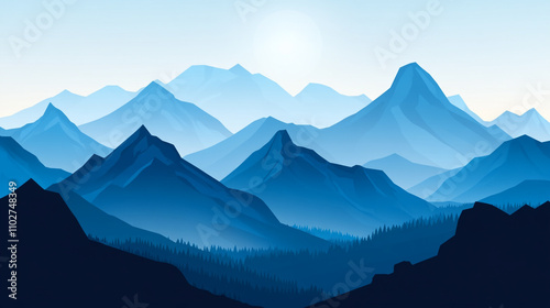 Mountains bathed in soft blue hues at sunrise creating a tranquil atmosphere