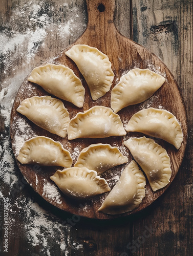 Raw pierogies with flour on rustic wooden board photo