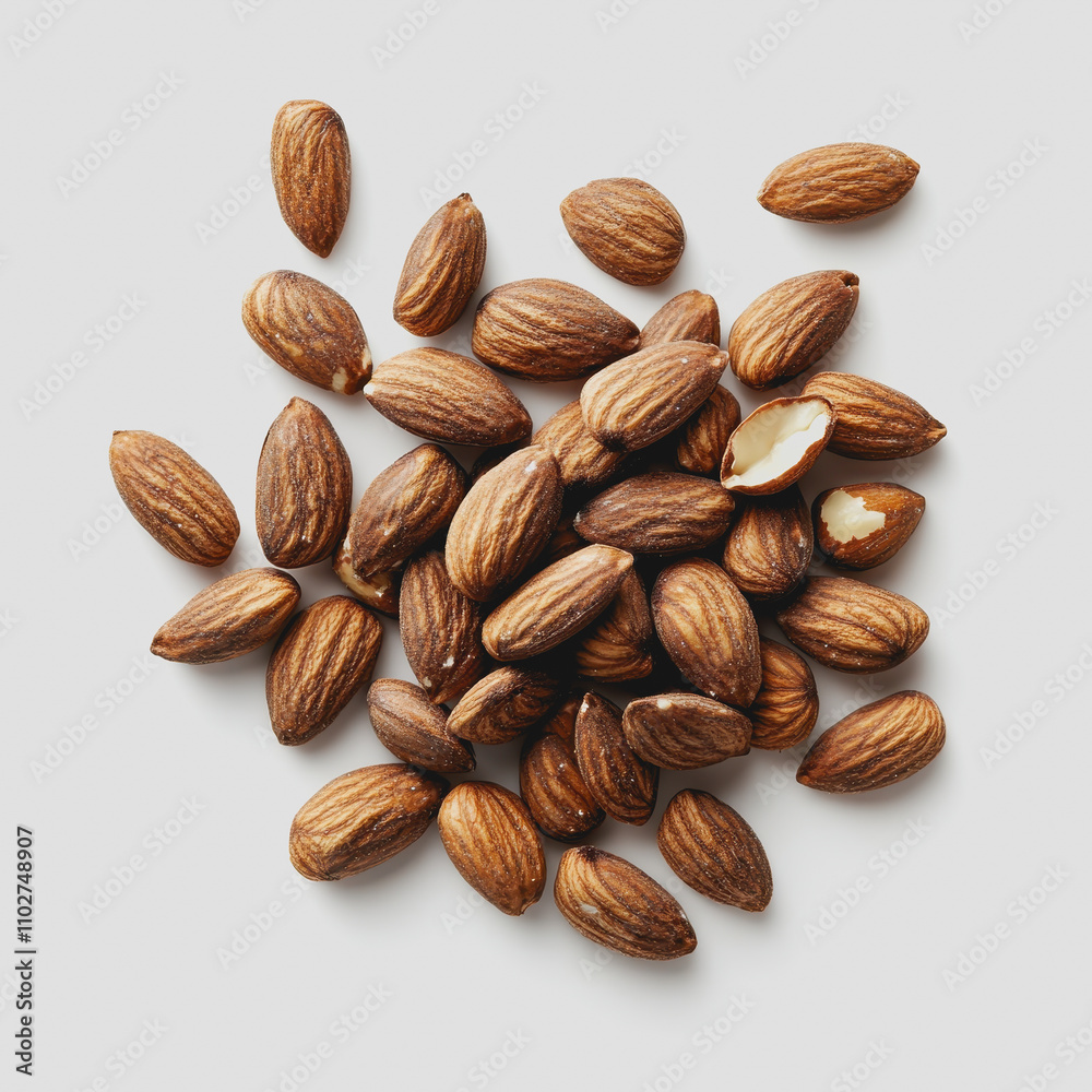 A Close-Up View of Raw Almonds with Natural Brown Skin, Displaying Their Unique Textures and Shapes on a Light Gray Background for Food Photography A Close-Up View of Raw Almonds with Natural Brown Skin, Displaying Their Unique Textures and Shapes on a Light Gray Background for Food Photography
