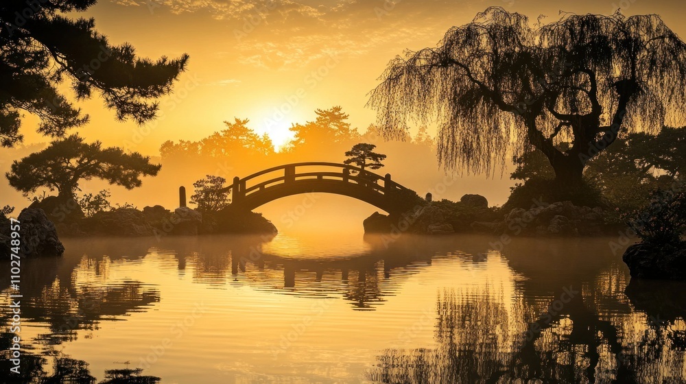 Fototapeta premium A serene landscape featuring a bridge over a calm lake at sunrise, surrounded by trees.