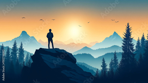 Silhouette of a person standing on a rock overlooking mountains at sunrise