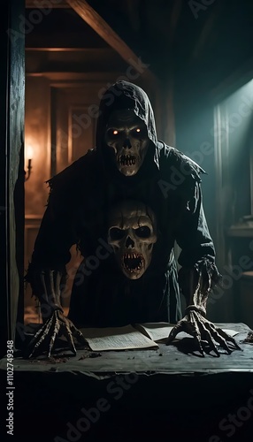Undead Creature with Glowing Red Eyes and Scarred Skull