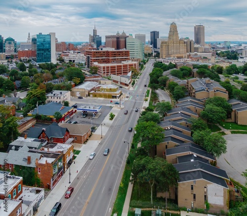 Photography Residential housing and city skyline of downtown Buffalo, New York, United States