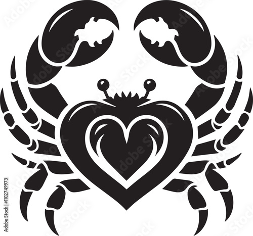 A crab with a heart shaped design between its claws silhouette vector