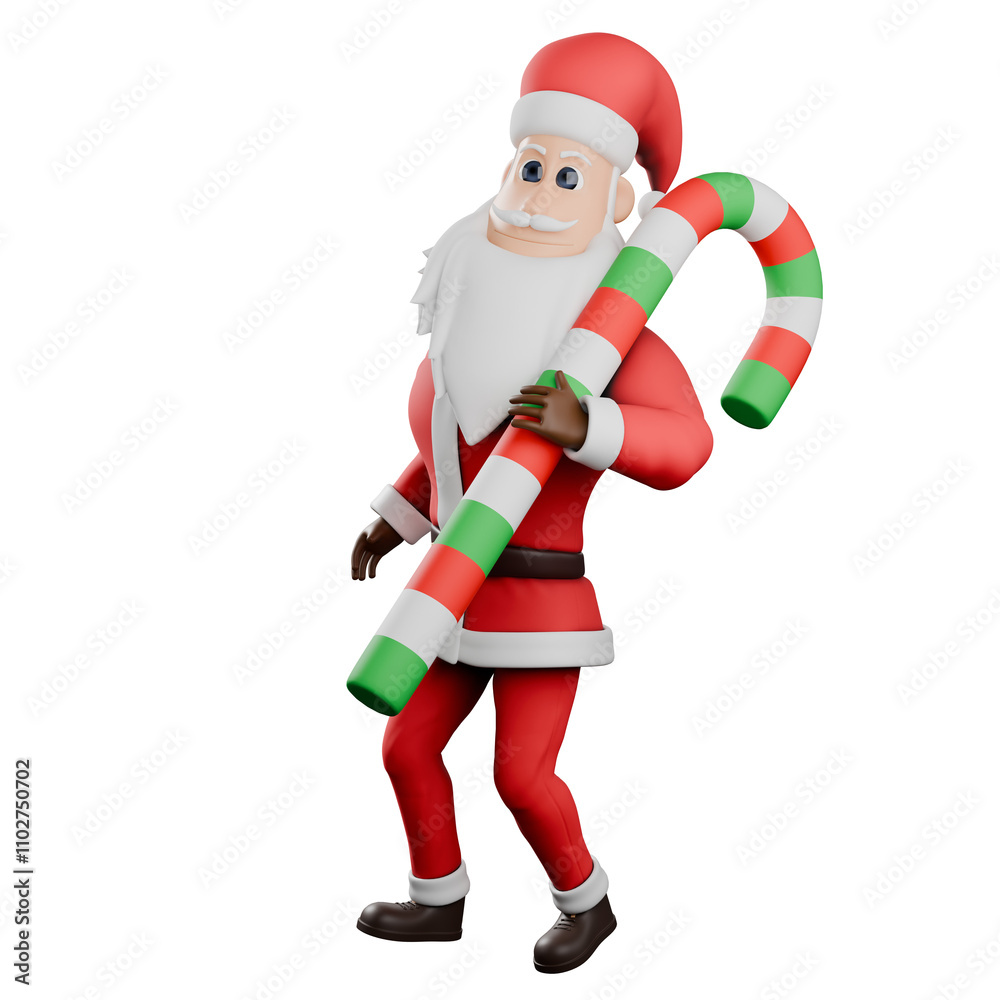 Santa Claus Artistic Design. A male Santa master stands facing slightly to the right with his left hand holding a large Christmas candy cane . 3D Cartoon Style Santa Claus Artistic Design. A male Santa master stands facing slightly to the right with his left hand holding a large Christmas candy cane . 3D Cartoon Style