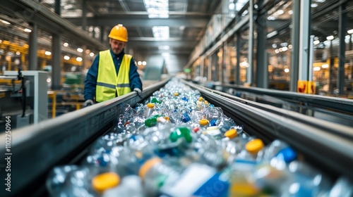 Wallpaper Mural Modern recycling facilities, sorting conveyor belts, workers managing the recycling process, clean and tidy environment, focusing on sustainability, waste management, and environmental practices. Torontodigital.ca