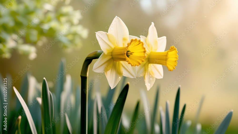 Yellow Daffodils Blooming in Spring on Grass Yellow Daffodils Blooming in Spring on Grass