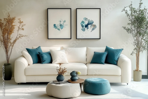 White sofa with teal pillows stucco wall  Minimalist interior design living room