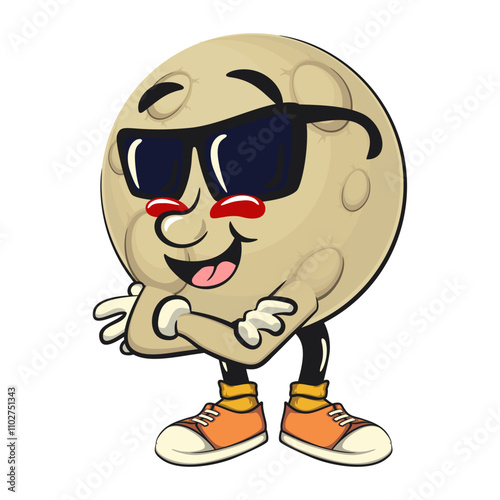Moon mascot character illustration wearing sunglasses folding his arms calmly, cartoon mascot isolated, work of hand drawn