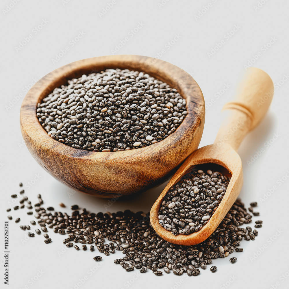 Close-Up of Black Chia Seeds in Wooden Bowl and Spoon, Healthy Superfood for Nutrition, Wellness, and Cooking, Isolated on White Background Close-Up of Black Chia Seeds in Wooden Bowl and Spoon, Healthy Superfood for Nutrition, Wellness, and Cooking, Isolated on White Background