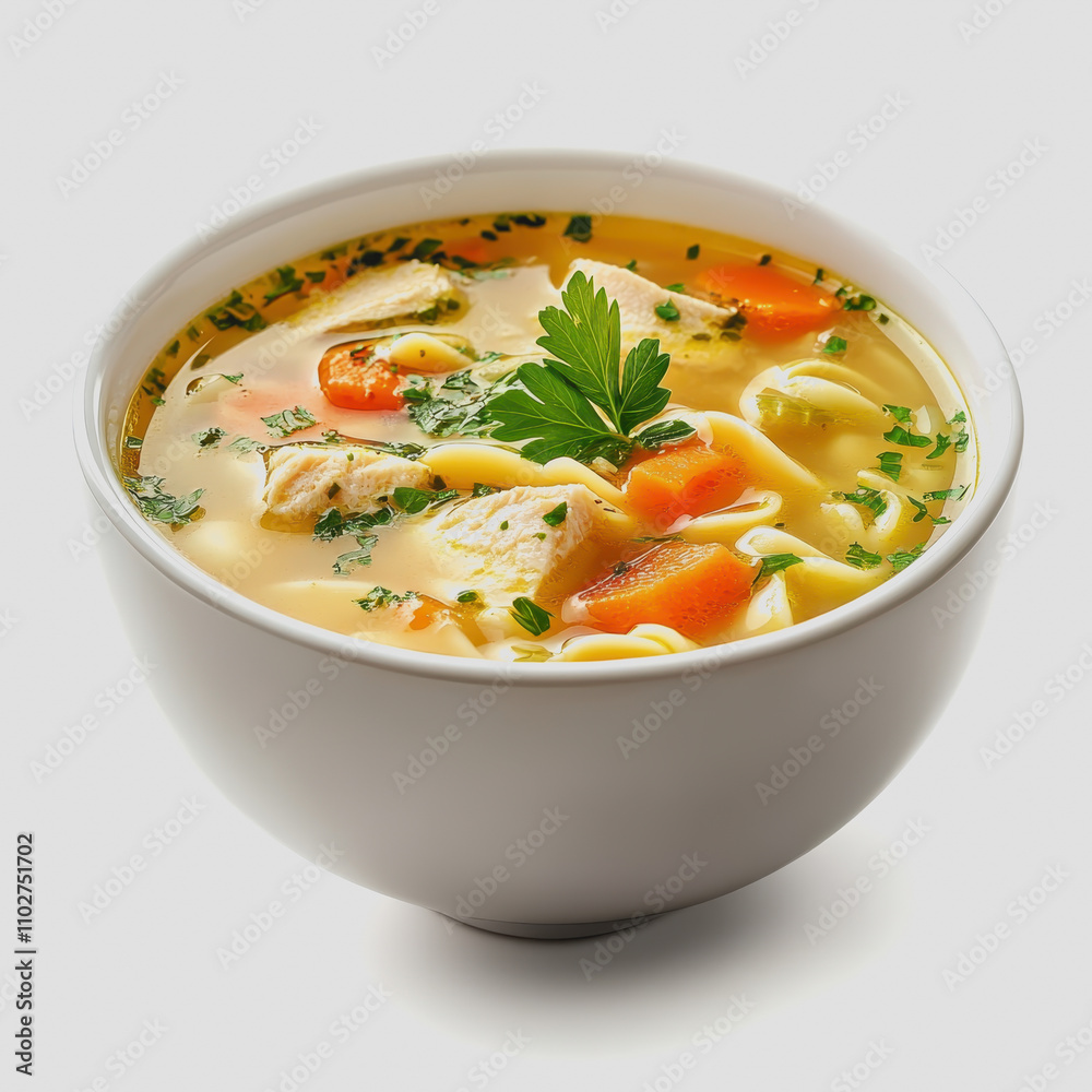 Delicious and Nourishing Chicken Noodle Soup with Fresh Vegetables, Herbs, and Tender Chicken in a White Bowl on a Light Background Delicious and Nourishing Chicken Noodle Soup with Fresh Vegetables, Herbs, and Tender Chicken in a White Bowl on a Light Background