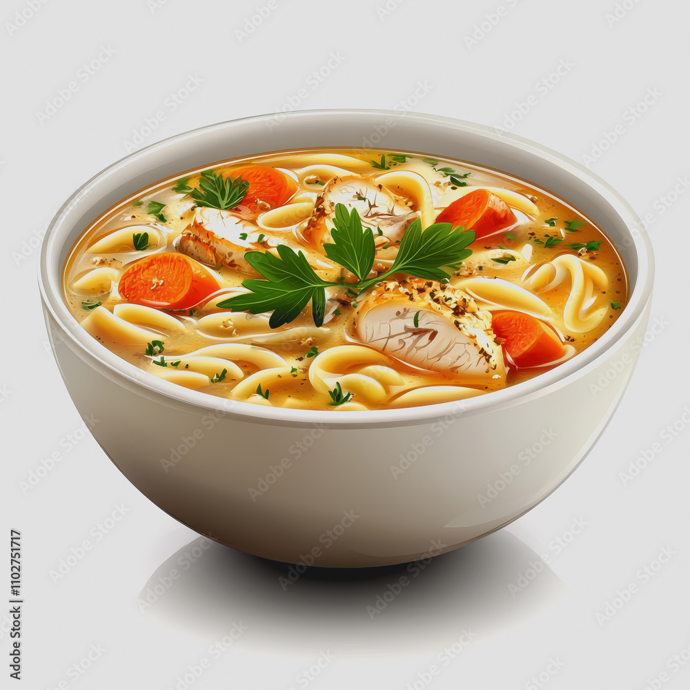 Delicious Chicken Noodle Soup with Fresh Vegetables and Herbs as Comfort Food in a White Bowl, Perfectly Garnished for Home Cooking and Culinary Delights Delicious Chicken Noodle Soup with Fresh Vegetables and Herbs as Comfort Food in a White Bowl, Perfectly Garnished for Home Cooking and Culinary Delights