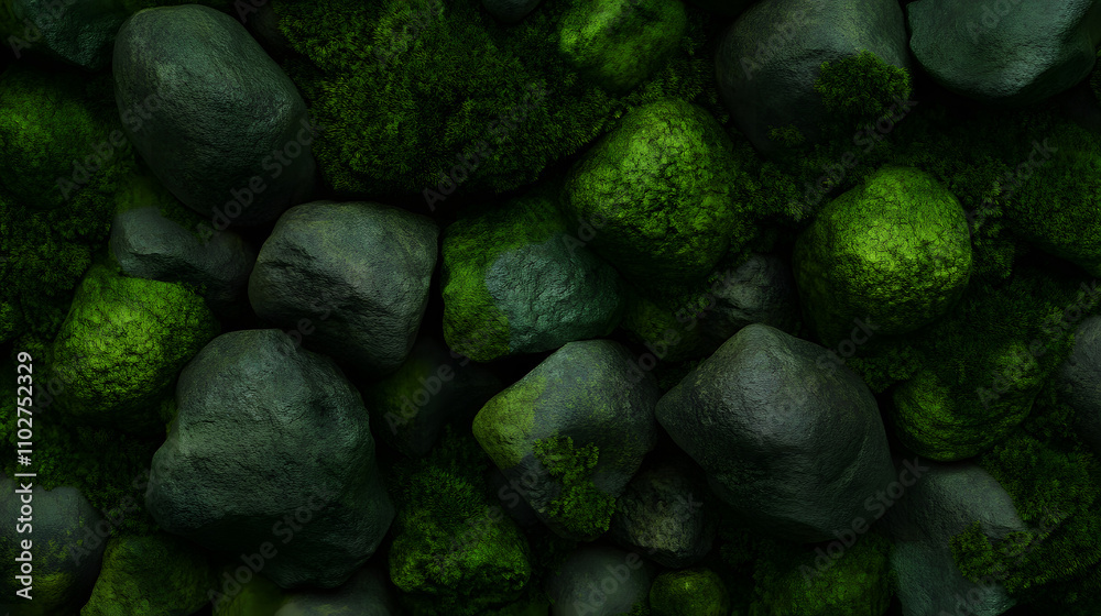 Dark, moody image of moss-covered rocks. Lush green moss contrasts with the dark stones, creating a serene and mysterious atmosphere. Dark, moody image of moss-covered rocks. Lush green moss contrasts with the dark stones, creating a serene and mysterious atmosphere.