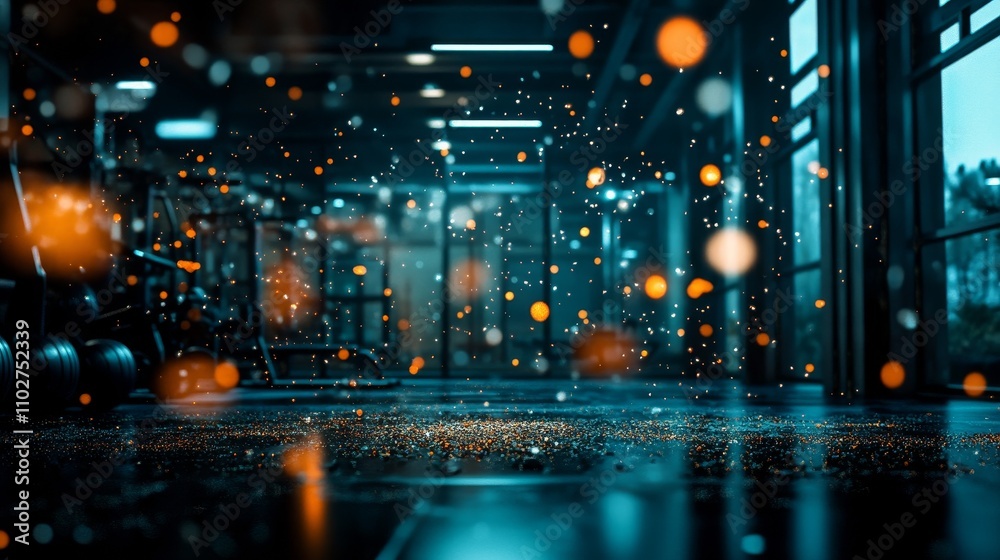 Fototapeta premium The surreal blurry background presents a dark professional gym environment, with soft lighting creating subtle highlights and shadows. The floating dust particles in the air add depth and realism