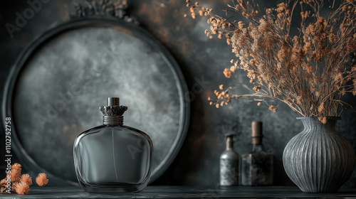 Metal style gothic dark table with a bottle of perfume