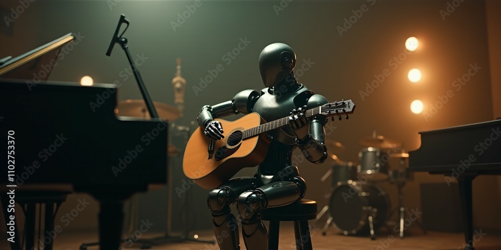 Fototapeta premium A humanoid robot strums an acoustic guitar in a dimly lit music room, surrounded by a piano, cello, and drum set. The scene captures the fusion of technology and art.