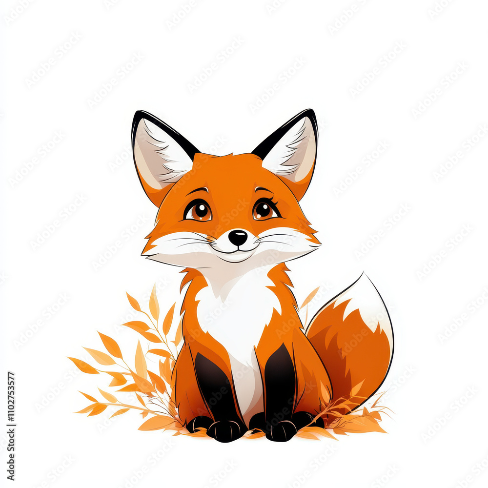 Obraz premium cute cartoon fox with bright orange fur sits among autumn leaves, exuding playful charm. Its large eyes and fluffy tail add to its adorable appearance