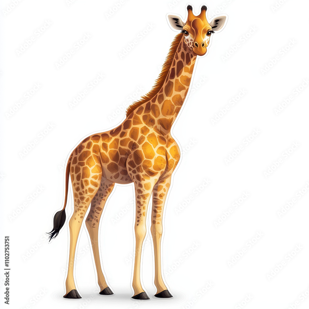Fototapeta premium cartoon giraffe standing tall with vibrant coat of spots, showcasing its long neck and playful expression. This whimsical illustration captures charm of wildlife