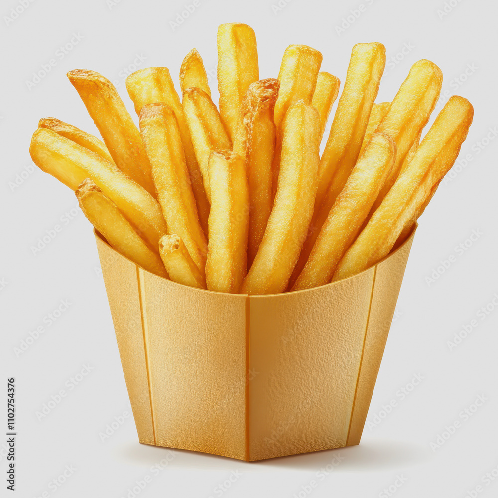 Freshly Cooked Golden French Fries in a Classic Fast Food Container Ready to Enjoy as a Tasty Snack or Side Dish for Any Meal or Occasion Freshly Cooked Golden French Fries in a Classic Fast Food Container Ready to Enjoy as a Tasty Snack or Side Dish for Any Meal or Occasion