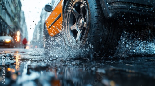 Realistic photo of a car tire splashing water on a wet road, focusing on the front left tire, as a person crosses the street, capturing motion, dynamic action, and road safety in an urban setting.