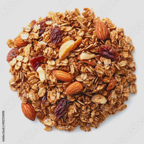 Close-Up View of Crunchy Granola Mix Featuring Oats, Nuts, Seeds, and Dried Fruits Perfect for Healthy Breakfast or Snack Options on Neutral Background